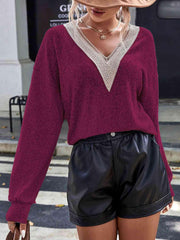 Lace Detail V-Neck Long Sleeve Top - Trendsi