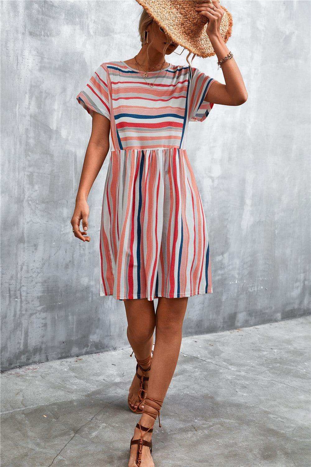 Striped Round Neck Dress - Trendsi - Flyclothing LLC
