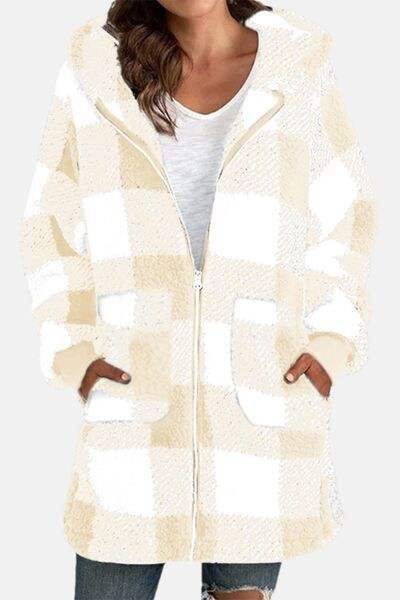 Double Take Full Size Plaid Long Sleeve Hooded Coat - Trendsi - Flyclothing LLC