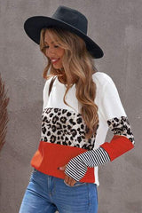 Waffle-Knit Leopard Round Neck Long Sleeve T-Shirt - Trendsi - Flyclothing LLC