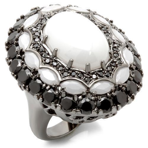 Alamode Ruthenium Brass Ring with Milky CZ in White - Flyclothing LLC