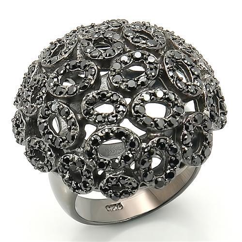 Alamode Ruthenium Brass Ring with AAA Grade CZ in Jet - Flyclothing LLC