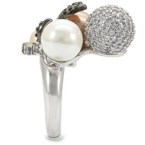 Alamode Rhodium + Ruthenium Brass Ring with Synthetic Pearl in Multi Color - Flyclothing LLC