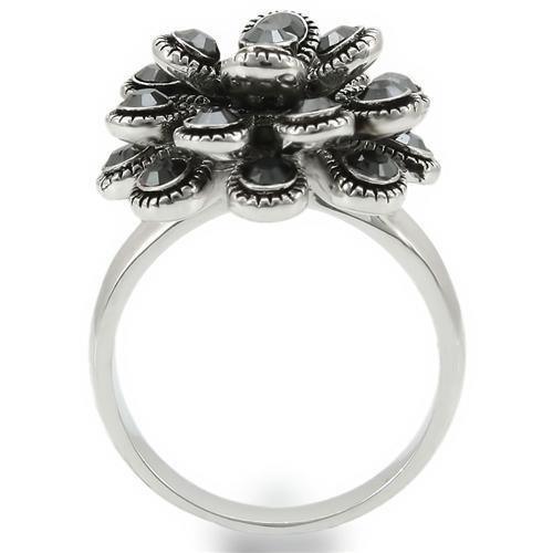Alamode Rhodium Brass Ring with Top Grade Crystal in Jet - Flyclothing LLC