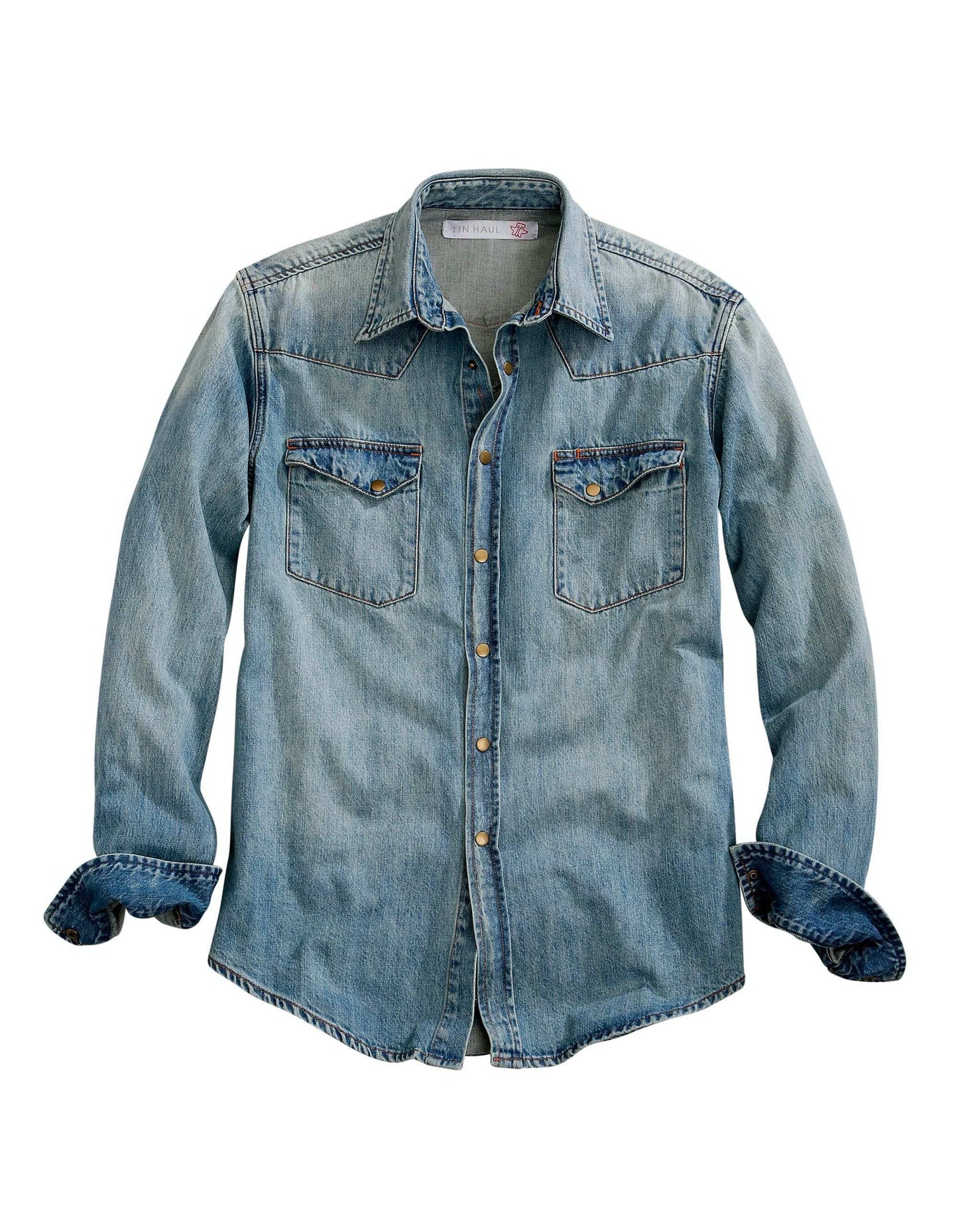 Tin Haul MENS LIGHT BLUE WESTERN DENIM LONG SLEEVE SNAP SHIRT WITH ASYMMETRICAL POCKETS FLAPS - Tin Haul - Flyclothing LLC