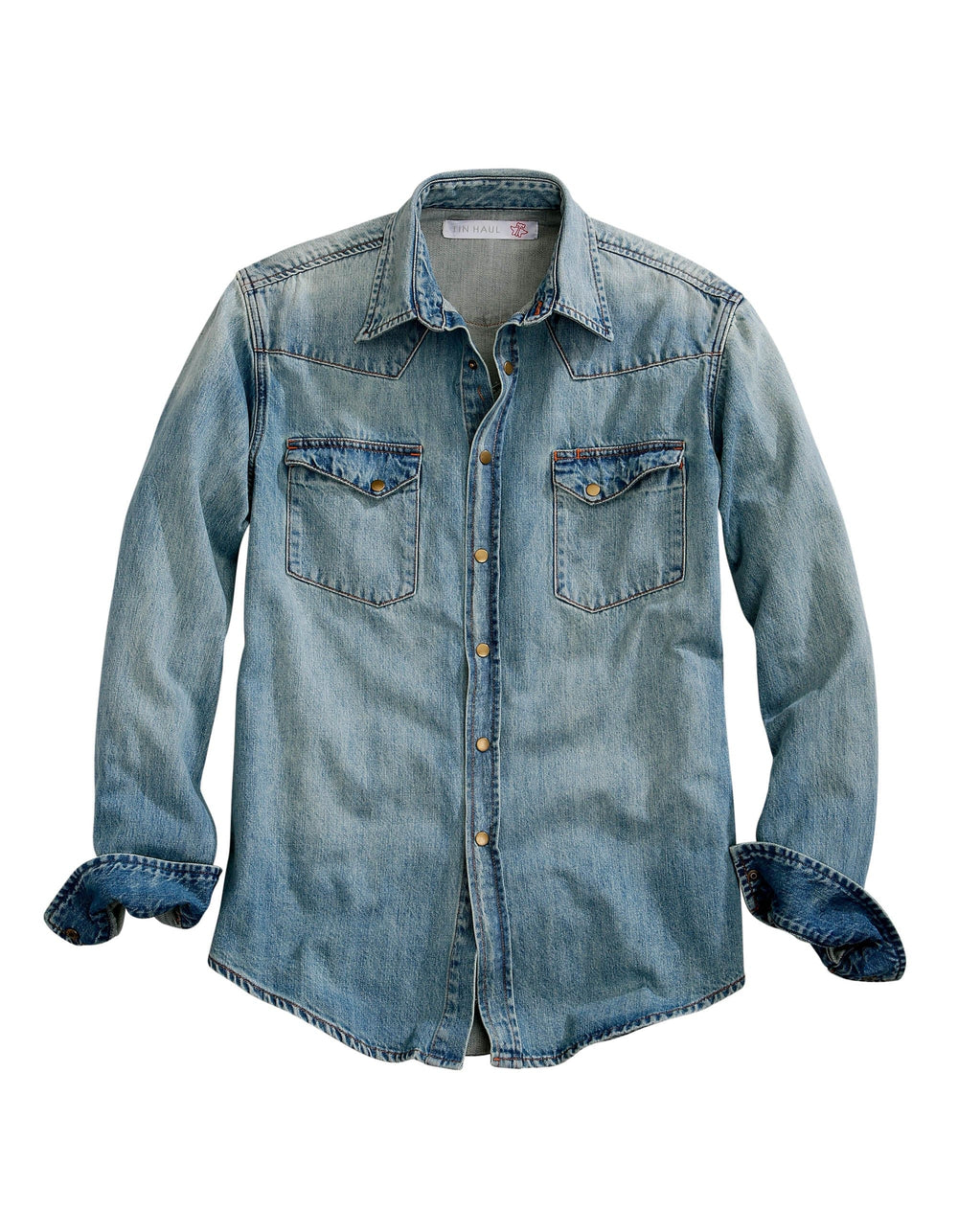 Tin Haul MENS LIGHT BLUE WESTERN DENIM  LONG SLEEVE SNAP SHIRT WITH ASYMMETRICAL POCKETS  FLAPS