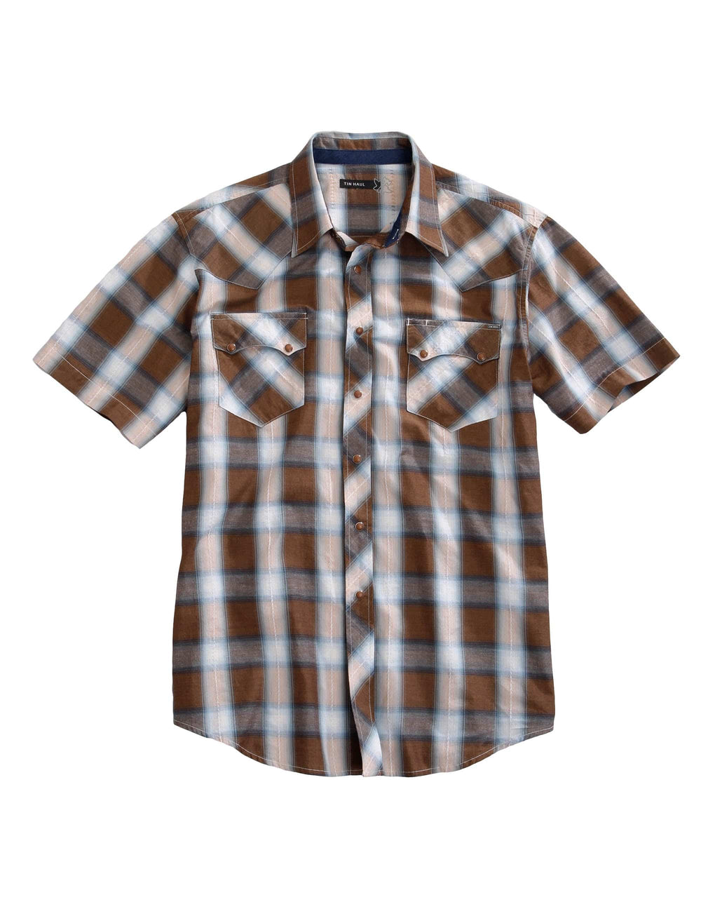 Tin Haul MENS SHORT SLEEVE SNAP SADDLE DOBBY PLAID WESTERN SHIRT