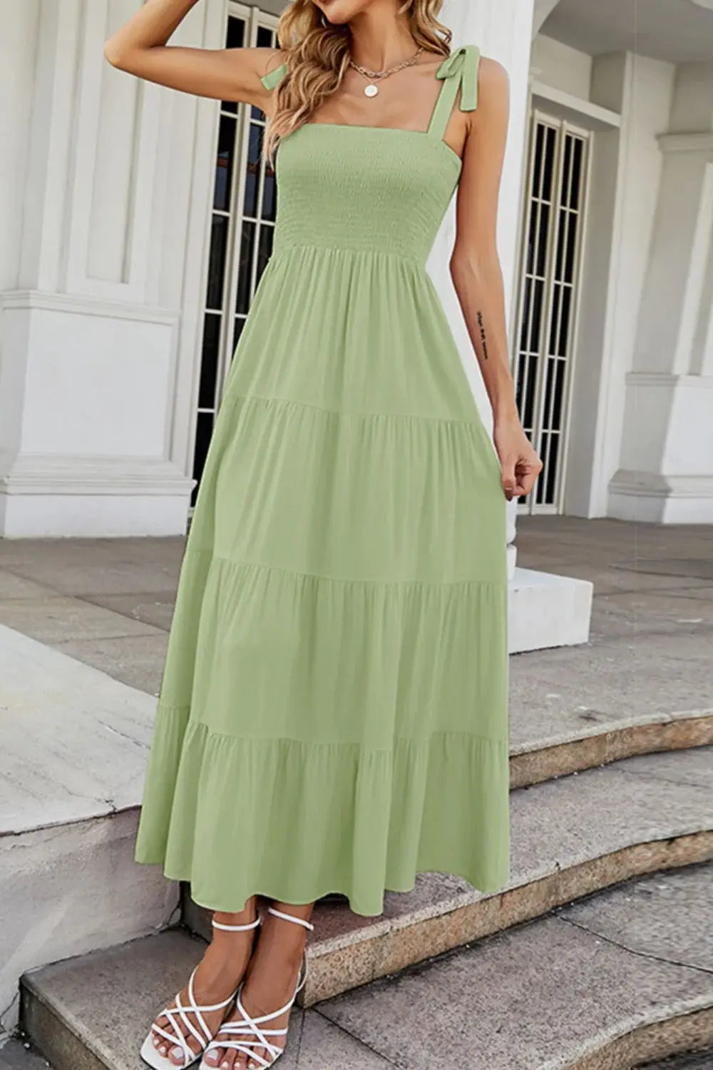 Tie-Shoulder Smocked Tiered Dress - Trendsi - Flyclothing LLC