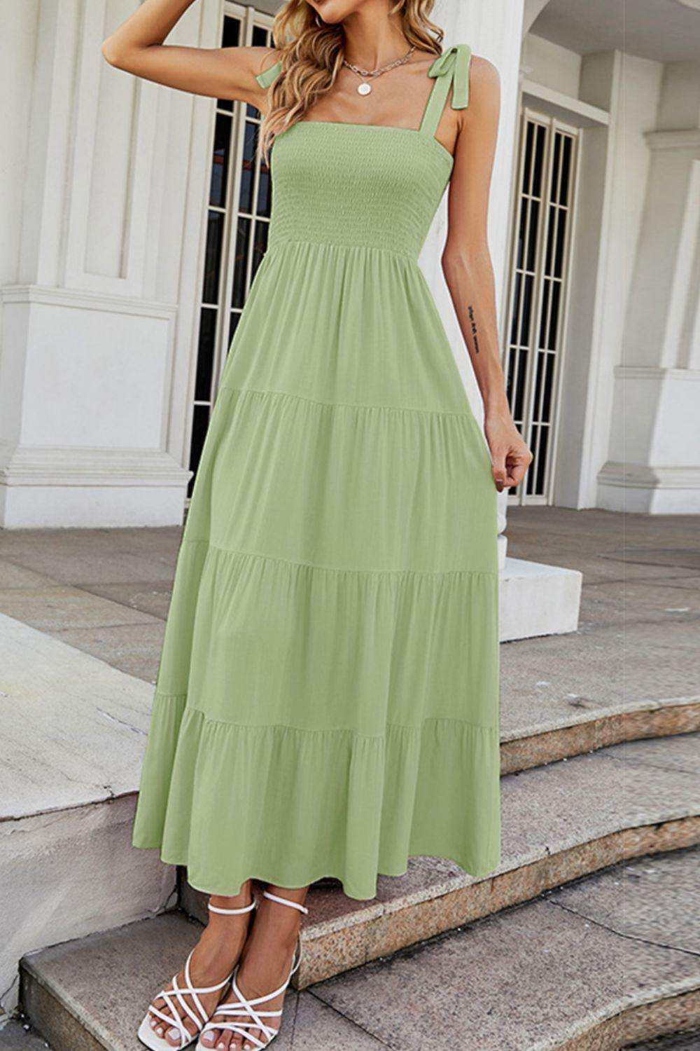 Tie-Shoulder Smocked Tiered Dress - Trendsi - Flyclothing LLC