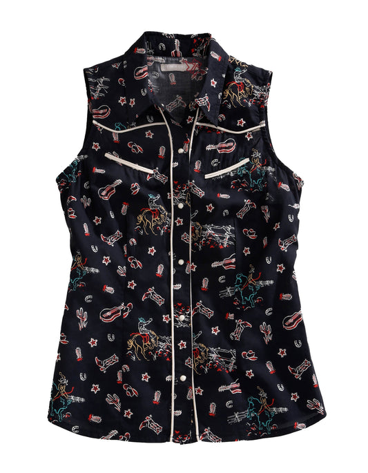 Tin Haul WOMENS SLEEVELESS SNAP ABOUT THE WEST PRINT WESTERN SHIRT