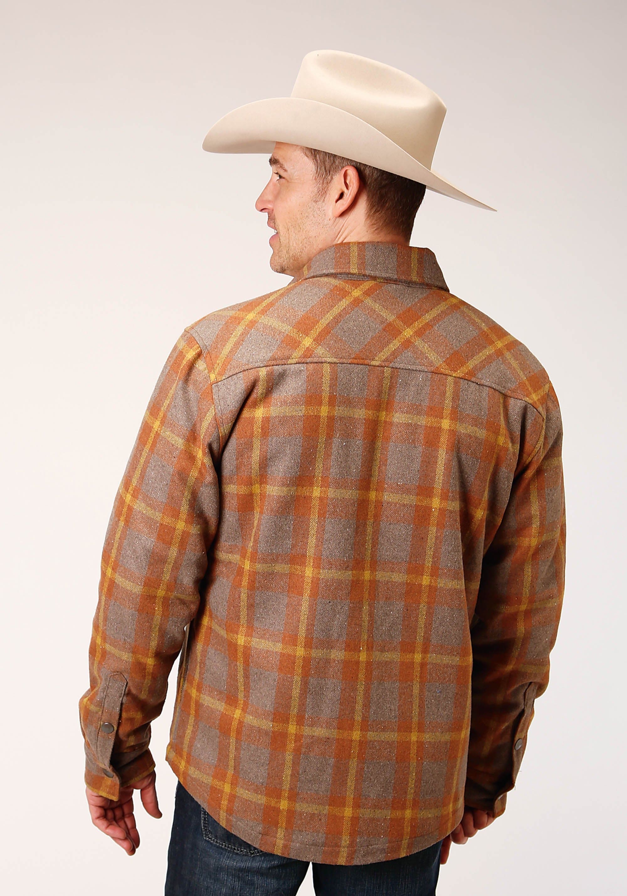 Tin Haul MENS SNAP ORANGE BROWN MULTI PLAID SHERPA LINED COAT SHIRT JACKET - Flyclothing LLC