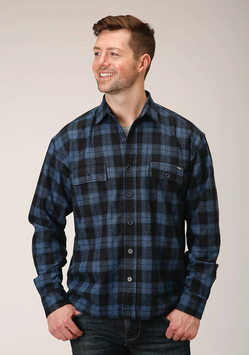 Tin Haul MENS SNAP BLUE PLAID WOOL BLEND SHIRT JACKET - Tin Haul