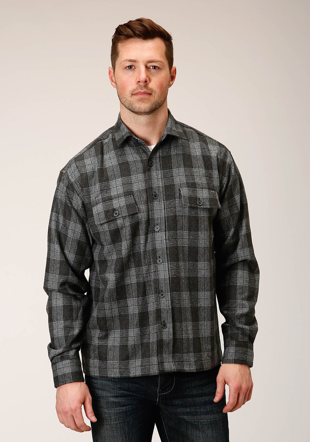 Tin Haul MENS SNAP  GREY PLAID WOOL BLEND SHIRT JACKET