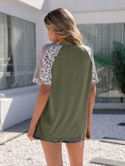 Leopard Round Neck Short Sleeve T-Shirt - Trendsi - Flyclothing LLC