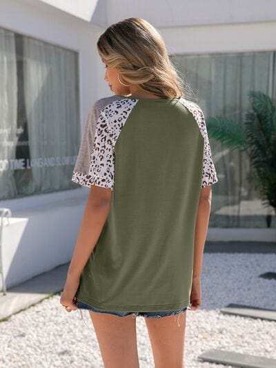 Leopard Round Neck Short Sleeve T-Shirt - Trendsi - Flyclothing LLC