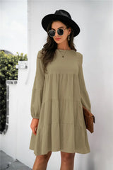 Balloon Sleeve Keyhole Tiered Dress - Trendsi - Flyclothing LLC