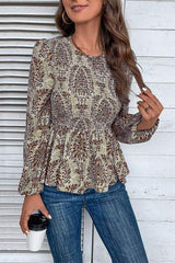 Smocked Printed Balloon Sleeve Blouse - Trendsi - Flyclothing LLC
