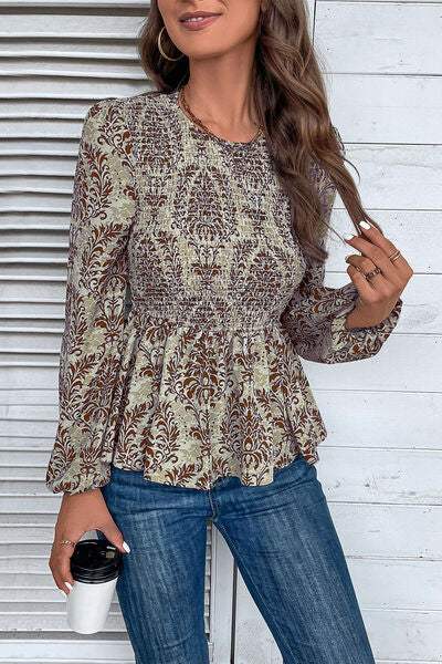 Smocked Printed Balloon Sleeve Blouse - Trendsi - Flyclothing LLC