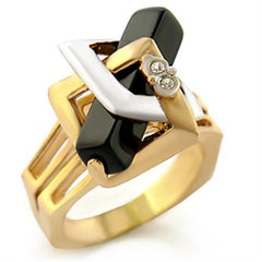 Alamode Gold+Rhodium Brass Ring with Semi-Precious Onyx in Jet - Flyclothing LLC
