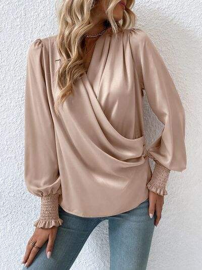 Surplice Smocked Lantern Sleeve Blouse - Trendsi - Flyclothing LLC