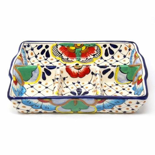 Handmade Pottery 9" Divided Platter, Dots & Flowers - Encantada - Encantada