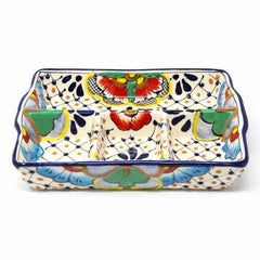Handmade Pottery 9" Divided Platter, Dots & Flowers - Encantada - Encantada