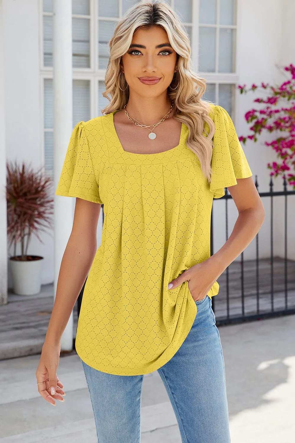 Eyelet Square Neck Flutter Sleeve Blouse - Trendsi - Flyclothing LLC