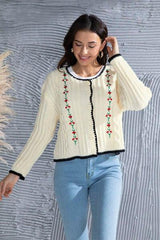 Graphic Cable-Knit Button Up Cardigan - Trendsi