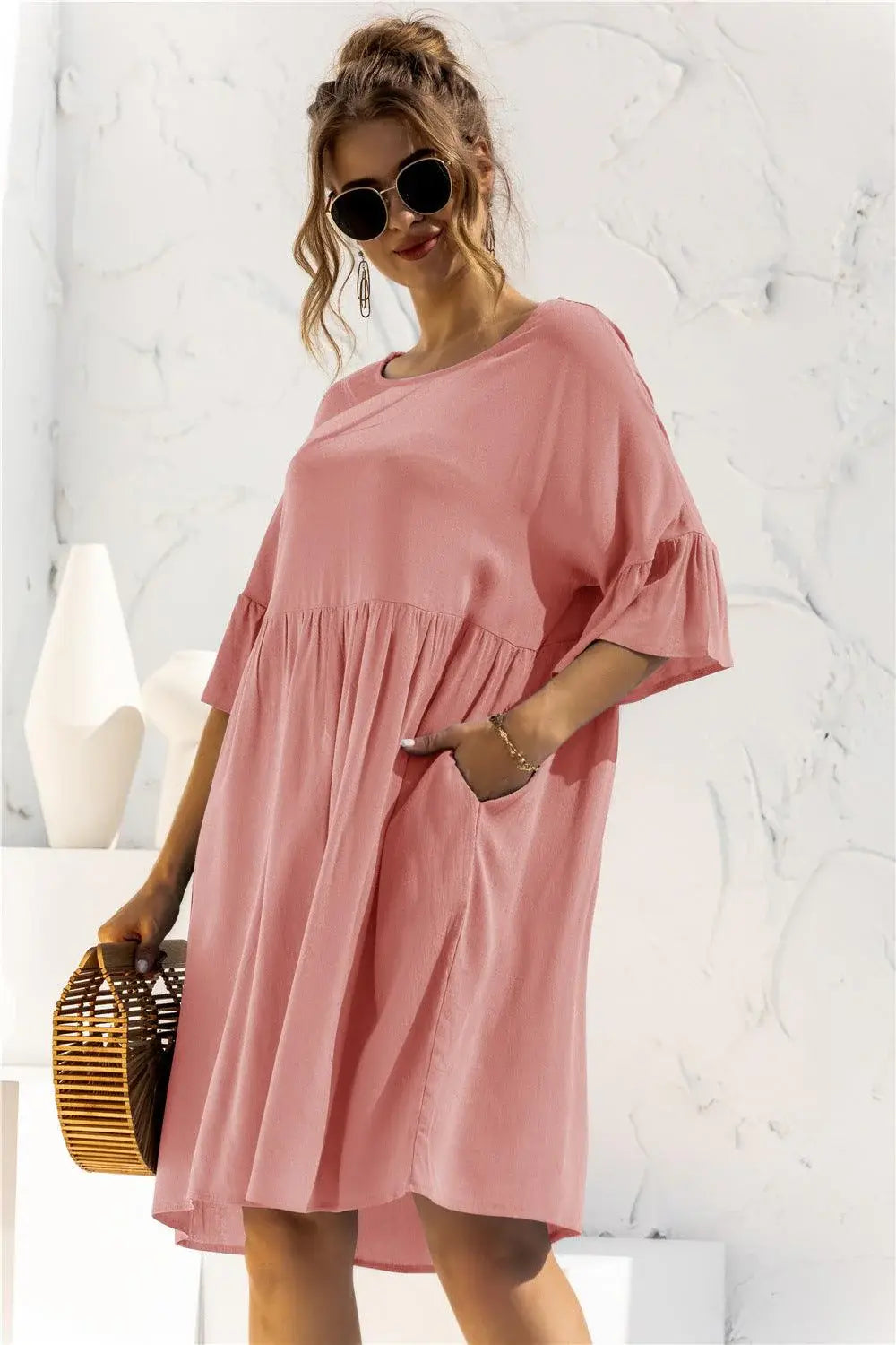 Boat Neck Flounce Sleeve Knee-Length Dress - Trendsi - Flyclothing LLC