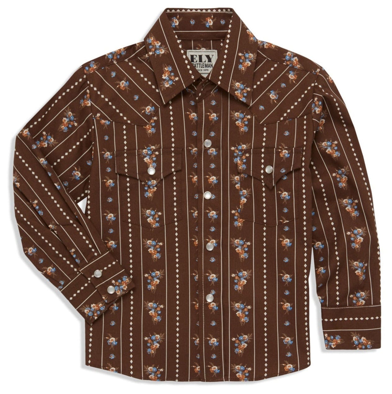 Boy's Ely Cattleman Long Sleeve Floral Stripe Print Snap Shirt- Brown & White - Ely Cattleman
