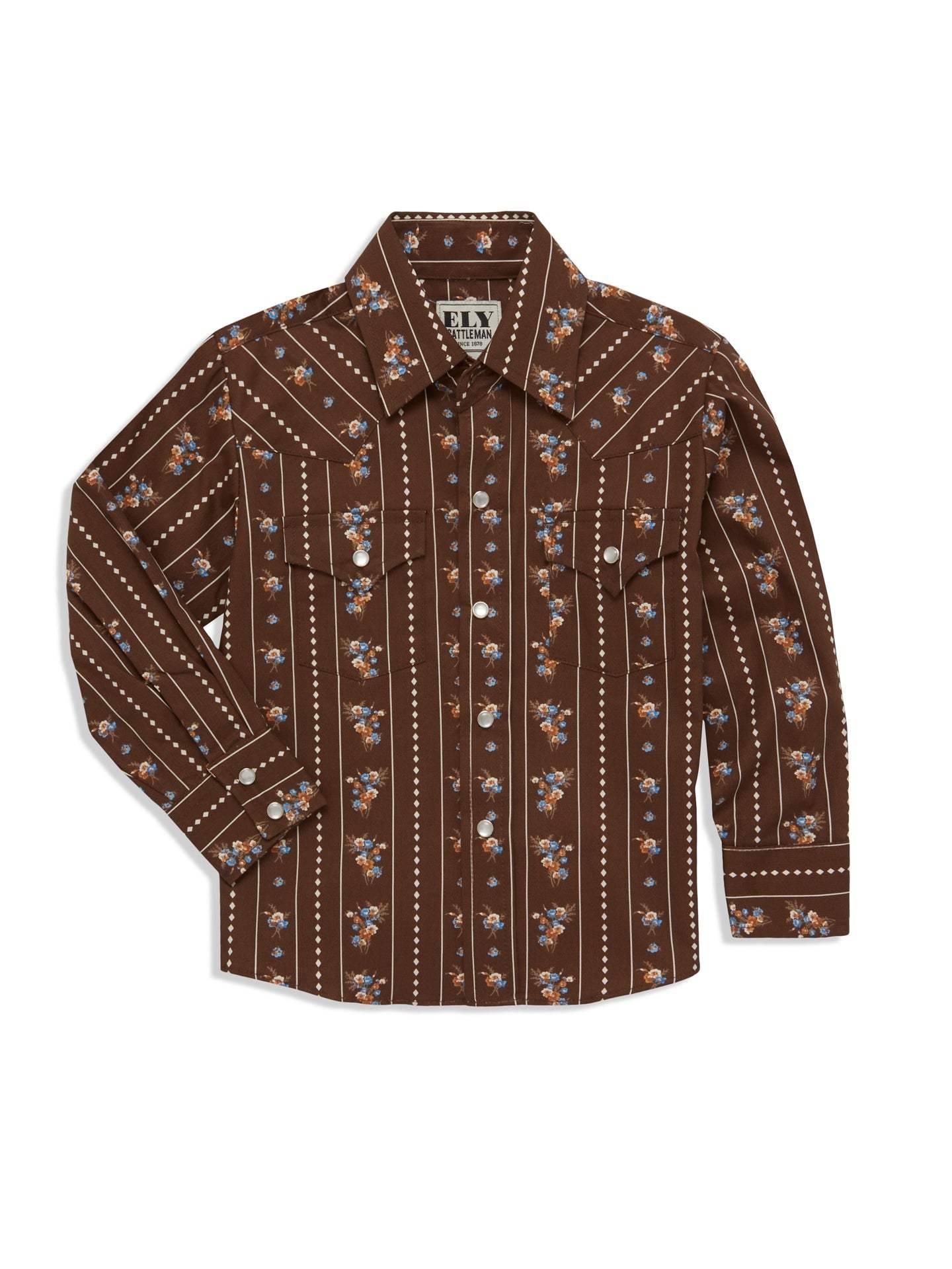 Boy's Ely Cattleman Long Sleeve Floral Stripe Print Snap Shirt- Brown & White - Ely Cattleman - Flyclothing LLC