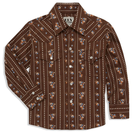 Boy's Ely Cattleman Long Sleeve Floral Stripe Print Snap Shirt- Brown & White - Ely Cattleman