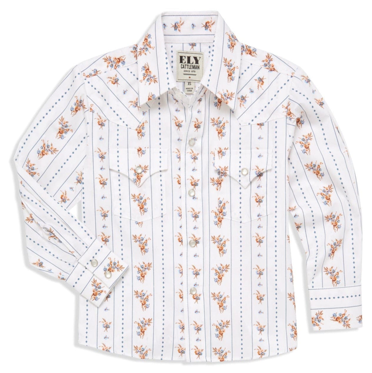 Boy's Ely Cattleman Long Sleeve Floral Stripe Print Snap Shirt- Brown & White - Ely Cattleman