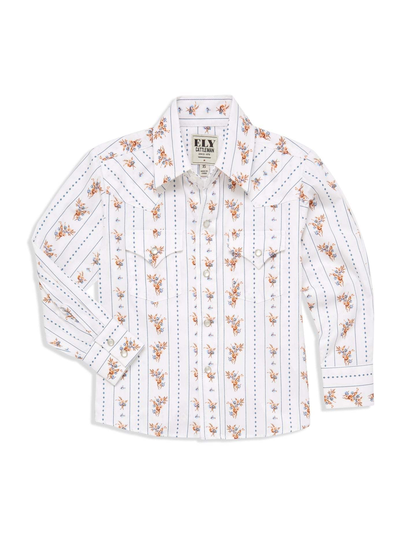 Boy's Ely Cattleman Long Sleeve Floral Stripe Print Snap Shirt- Brown & White - Ely Cattleman - Flyclothing LLC