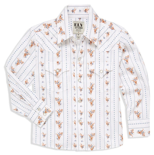 Boy's Ely Cattleman Long Sleeve Floral Stripe Print Snap Shirt- Brown & White - Ely Cattleman