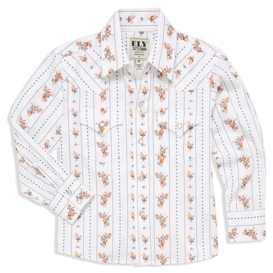 Boy's Ely Cattleman Long Sleeve Floral Stripe Print Snap Shirt- Brown & White
