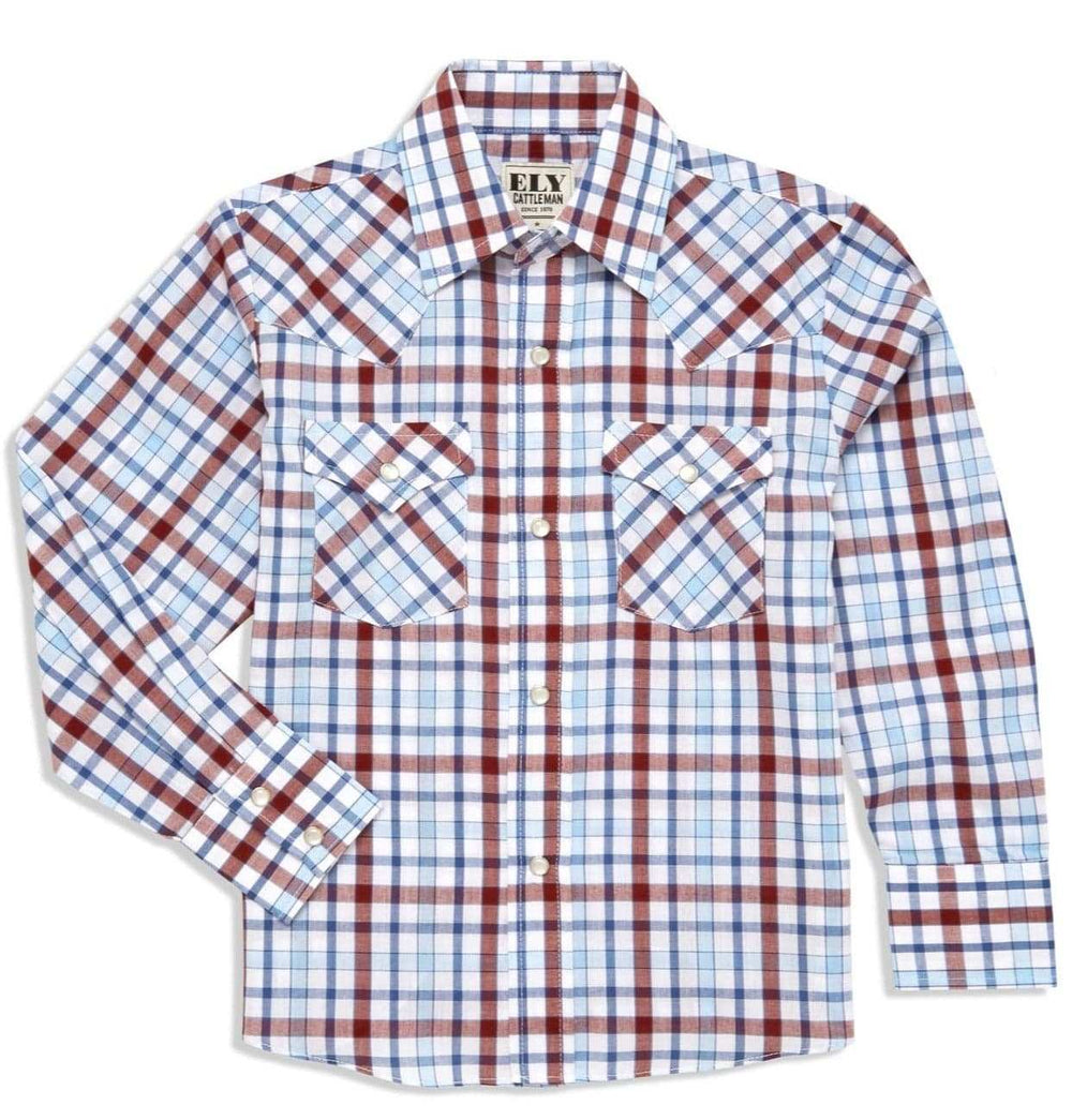 Boy's Ely Cattleman Long Sleeve Heritage Plaid Western Snap Shirt- Blue & White - Ely Cattleman - Flyclothing LLC