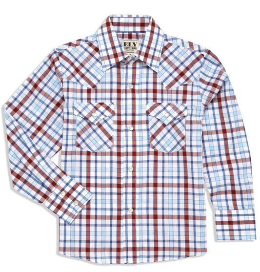 Boy's Ely Cattleman Long Sleeve Heritage Plaid Western Snap Shirt- Blue & White - Ely Cattleman