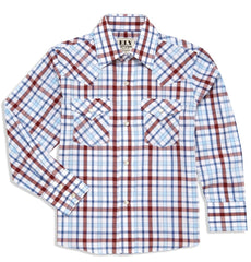 Boy's Ely Cattleman Long Sleeve Heritage Plaid Western Snap Shirt- Blue & White