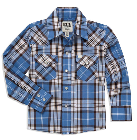 Boy's Ely Cattleman Long Sleeve Textured Plaid Western Snap Shirt- Blue & Brown - Ely Cattleman
