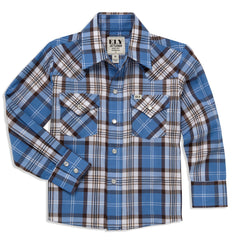 Boy's Ely Cattleman Long Sleeve Textured Plaid Western Snap Shirt- Blue & Brown