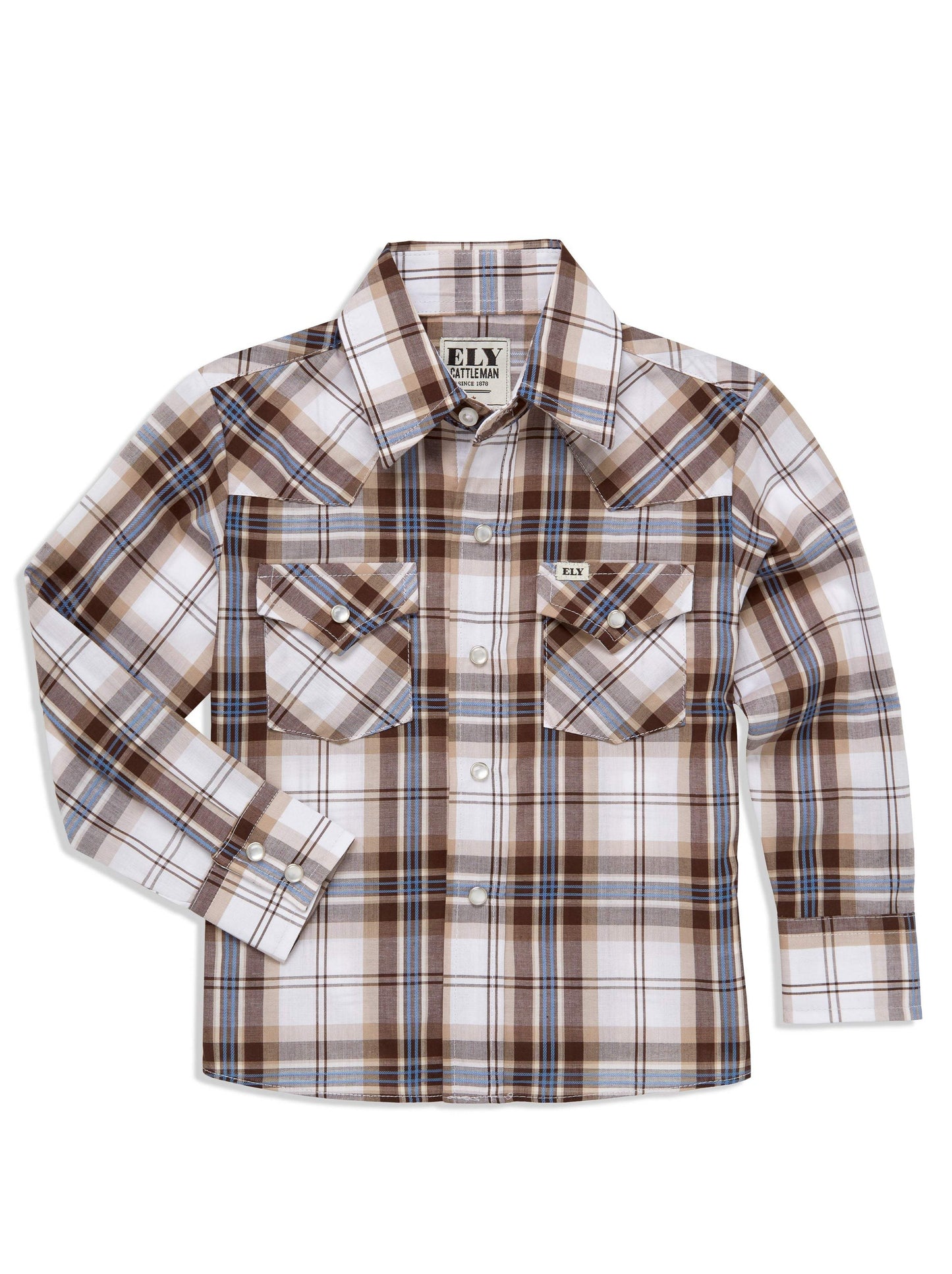 Boy's Ely Cattleman Long Sleeve Textured Plaid Western Snap Shirt- Blue & Brown - Ely Cattleman - Flyclothing LLC
