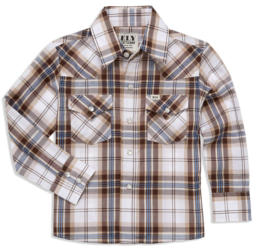 Boy's Ely Cattleman Long Sleeve Textured Plaid Western Snap Shirt- Blue & Brown - Ely Cattleman