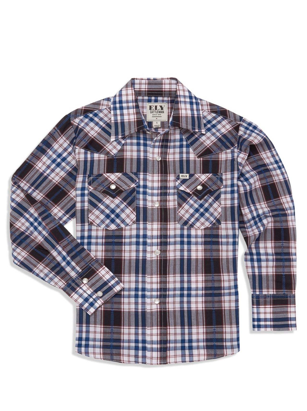 Boy's Ely Cattleman Long Sleeve Textured Aztec Plaid Western Snap Shirt- Black & Hunter Green - Ely Cattleman - Flyclothing LLC