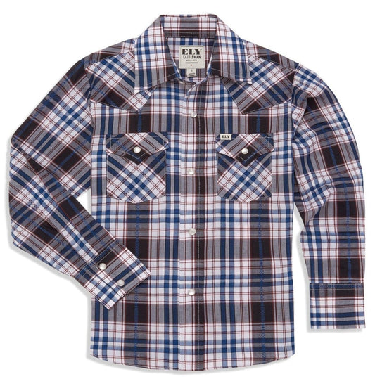 Boy's Ely Cattleman Long Sleeve Textured Aztec Plaid Western Snap Shirt- Black & Hunter Green - Ely Cattleman