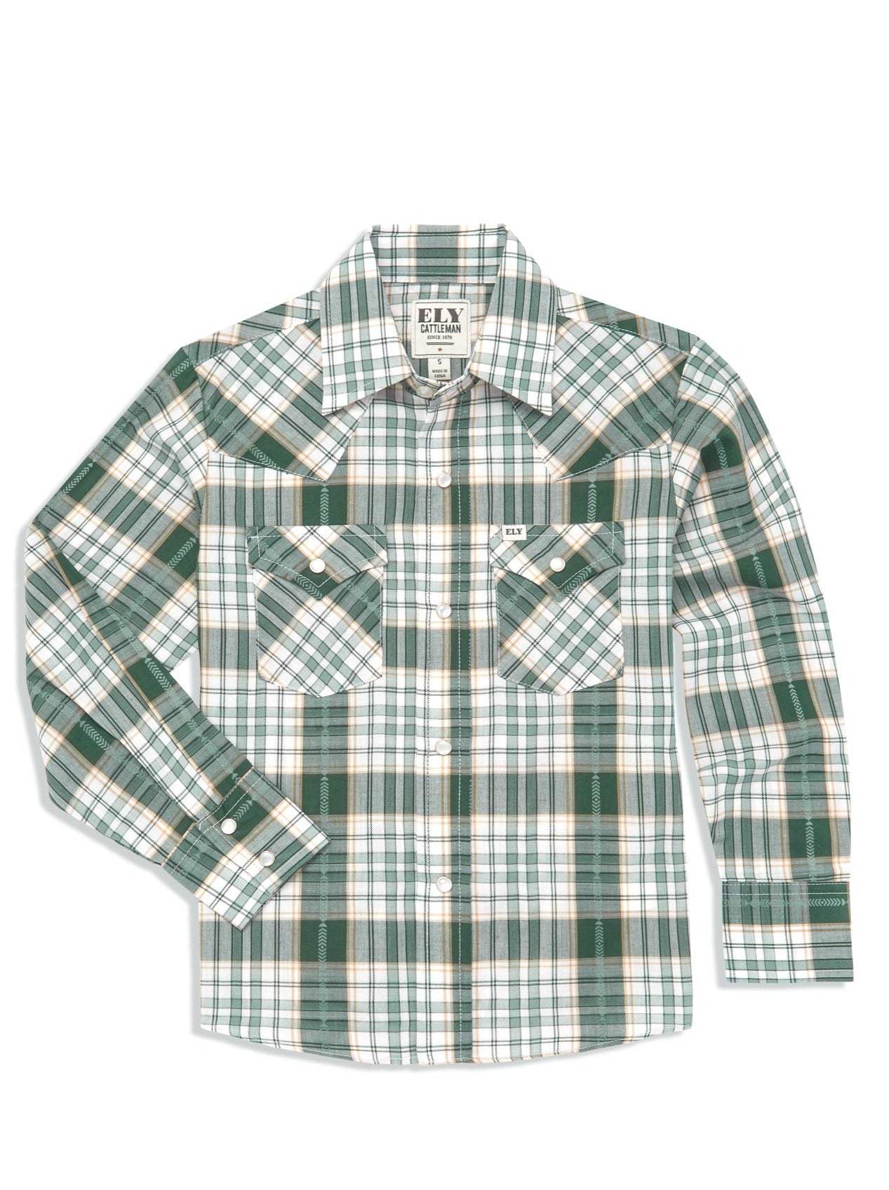 Boy's Ely Cattleman Long Sleeve Textured Aztec Plaid Western Snap Shirt- Black & Hunter Green - Ely Cattleman - Flyclothing LLC