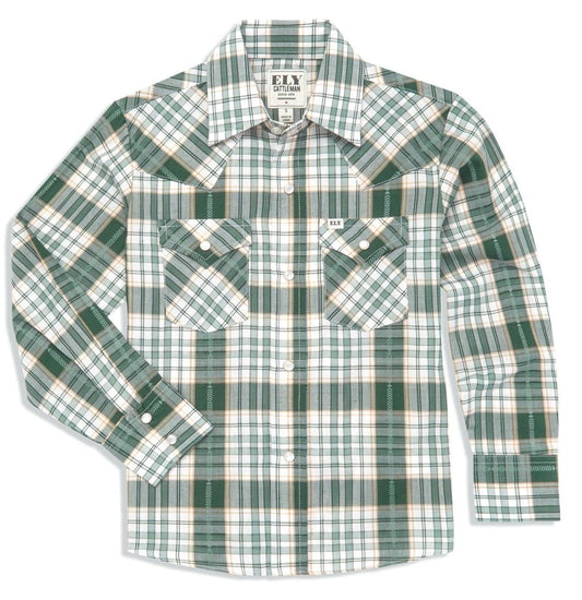 Boy's Ely Cattleman Long Sleeve Textured Aztec Plaid Western Snap Shirt- Black & Hunter Green - Ely Cattleman