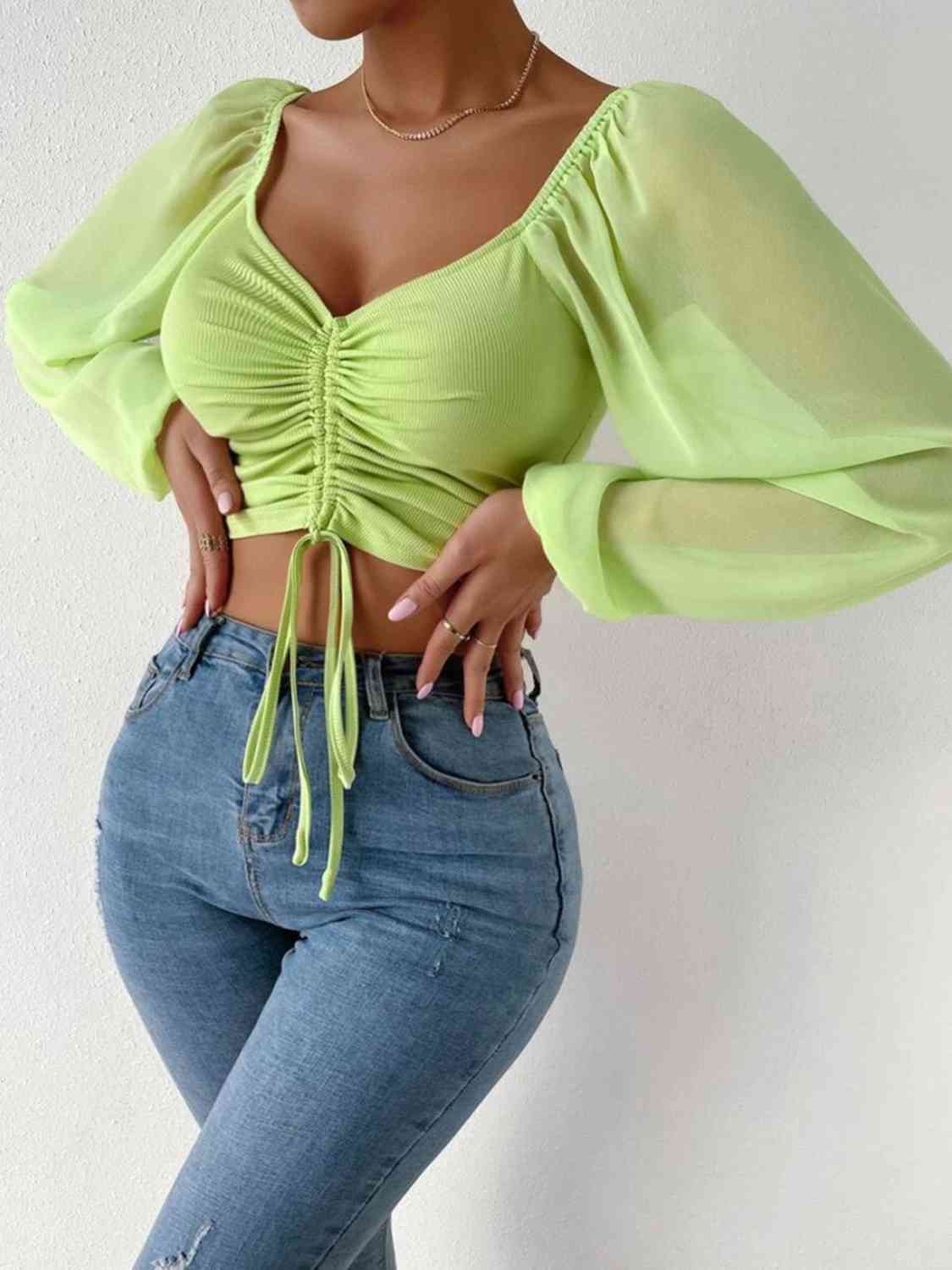Drawstring Sweetheart Neck Cropped Top - Trendsi - Flyclothing LLC