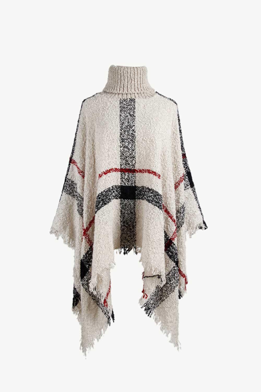 Plaid Turtleneck Raw Hem Poncho - Trendsi