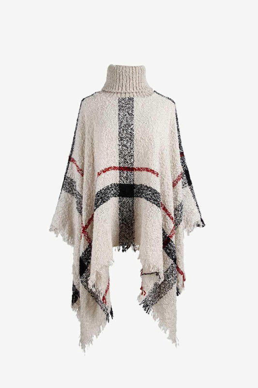 Plaid Turtleneck Raw Hem Poncho - Trendsi - Flyclothing LLC